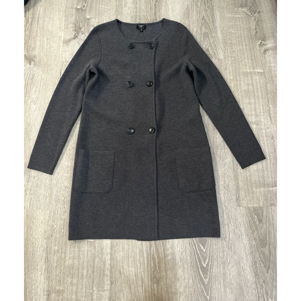 Talbots Knit Sweater Blazer Coat Women Medium Petite Merino Wool Charcoal